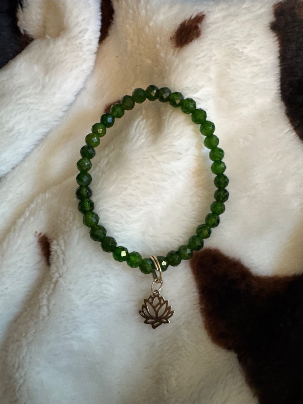 Green diopside with 14k gold lotus flower charm stretchy